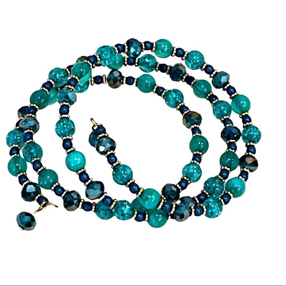 Blue WRAP BRACELET 28" Turquoise Glass Acrylic Bead Beaded Gold Accent